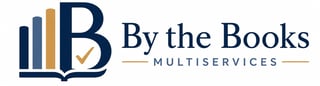 By the Books Multiservices logo featuring a book icon with blue and tan bars and a checkmark